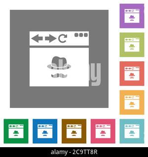 Browser incognito window flat icons on simple color square backgrounds Stock Vector