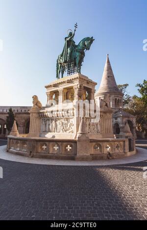 Statue of Saint Stephen on Fishermans Bastion in Budapest, Hungary Stock Photo