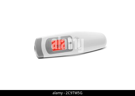 Non-contact Infrared Thermometer. Digital body thermometer showing high temperature on its red display isolated on white background. Fever alert, fail Stock Photo