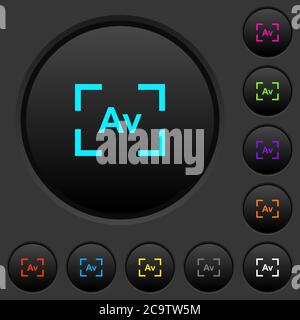 Camera aperture value mode dark push buttons with vivid color icons on dark grey background Stock Vector