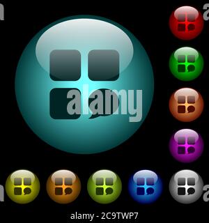 Message component icons in color illuminated spherical glass buttons on black background. Can be used to black or dark templates Stock Vector