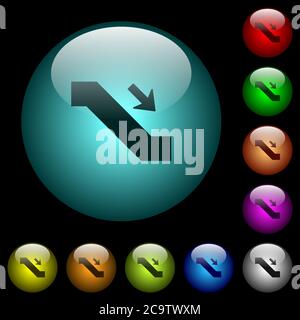 Escalator down sign icons in color illuminated spherical glass buttons on black background. Can be used to black or dark templates Stock Vector