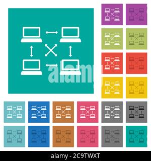 Content delivery network multi colored flat icons on plain square backgrounds. Included white and darker icon variations for hover or active effects. Stock Vector