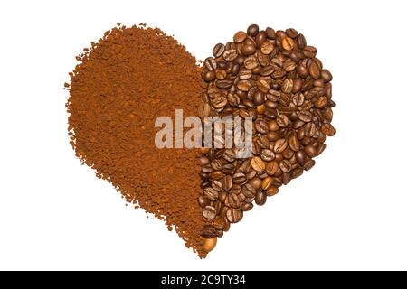 Double coffee heart made from beans and instant coffee. Isolated on white background. Fresh roast. Concept Love Stock Photo