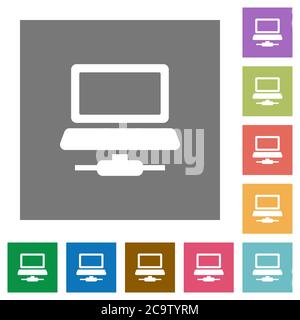 Network computer flat icons on simple color square backgrounds Stock Vector
