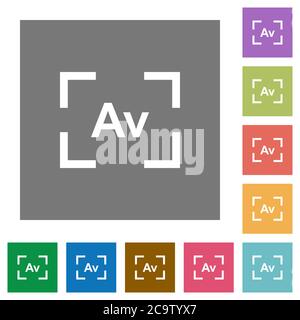 Camera aperture value mode flat icons on simple color square backgrounds Stock Vector