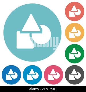 Basic geometric shapes flat white icons on round color backgrounds Stock Vector
