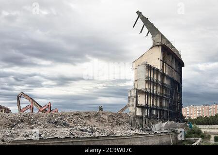 Madrid, Spain - June 8, 2020: Demolition of the Vicente Calderón stadium next to the Manzanares river. Stock Photo