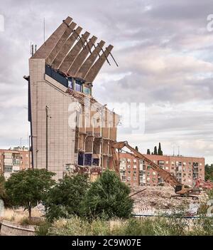 Madrid, Spain - June 8, 2020: Demolition of the Vicente Calderón stadium next to the Manzanares river. Stock Photo