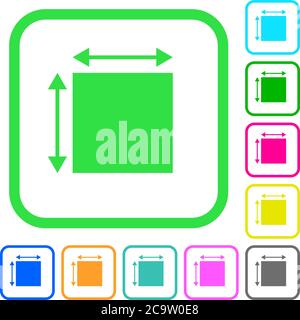 Elemet dimensions vivid colored flat icons in curved borders on white background Stock Vector