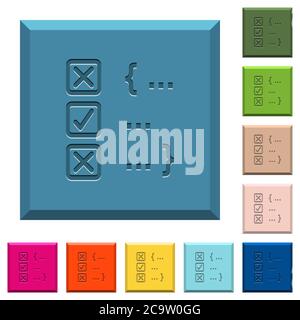 Source code checking engraved icons on edged square buttons in various trendy colors Stock Vector