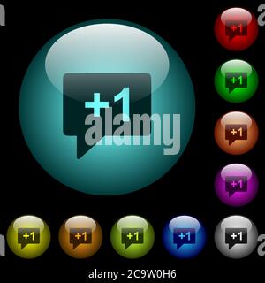 Plus one sign icons in color illuminated spherical glass buttons on black background. Can be used to black or dark templates Stock Vector