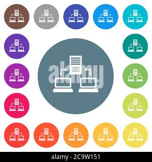 Multiple connections to mail server flat white icons on round color backgrounds. 17 background color variations are included. Stock Vector