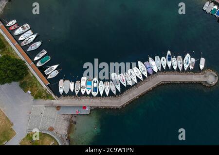 Aerial view of a dock with moored boats Stock Photo