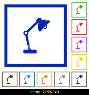 Desk lamp flat color icons in square frames on white background Stock Vector