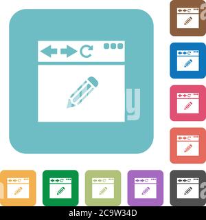 Browser edit white flat icons on color rounded square backgrounds Stock Vector