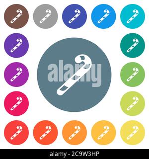 Candy canes flat white icons on round color backgrounds. 17 background color variations are included. Stock Vector