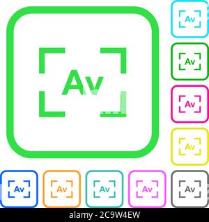 Camera aperture value mode vivid colored flat icons in curved borders on white background Stock Vector
