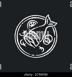 Soused herring chalk white icon on black background. Sliced raw fish. Japanese dish. Salmon piece on crockery. Asian fresh meal for nutrition. Cook lu Stock Vector