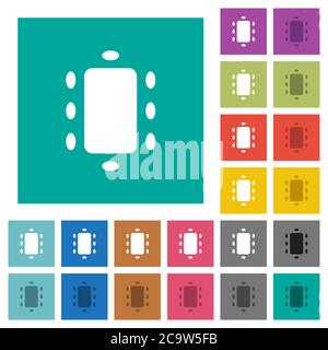 Meeting multi colored flat icons on plain square backgrounds. Included white and darker icon variations for hover or active effects. Stock Vector