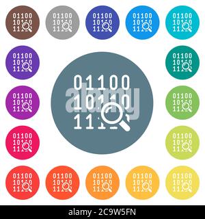 Code analysis flat white icons on round color backgrounds. 17 background color variations are included. Stock Vector