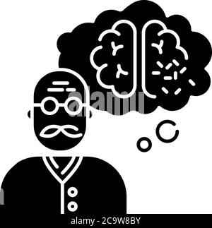 Dementia black glyph icon. Alzheimer from aging. Senior man with neurological disability. Loss of memory. Brain damage in elderly person. Silhouette s Stock Vector