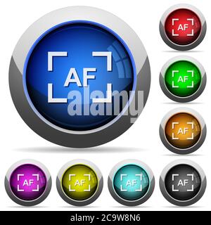 Camera autofocus mode icons in round glossy buttons with steel frames Stock Vector