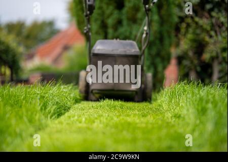 A lawn mower is standing in a freshly cut meadow. Stock Photo