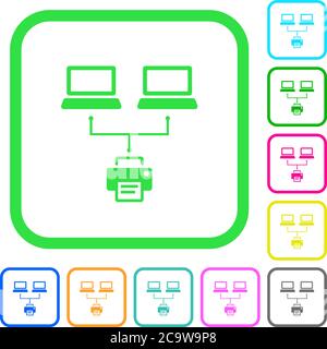 Network printing vivid colored flat icons in curved borders on white background Stock Vector