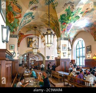 Interior, Hofbrauhaus, Munich, Germany.  The Hofbräuhaus am Platzl is a beer hall in Munich, Germany, originally built in 1589 by a Bavarian duke. Stock Photo