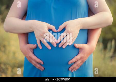 Pregnant woman and her husband standing in the park and holding their hands on her baby bump. Hands in a heart shape. Close up. Family, pregnancy, lov Stock Photo