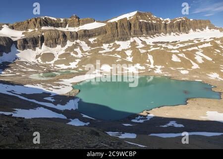 Aerial Landscape View Scenic Glacier and Alpine Lake High on Cataract Pass Hiking Trail in Jasper National Park, Canadian Rocky Mountains Stock Photo