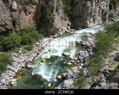 KAYAKING ON THE GUIL RIVER. Hautes-Alpes, France. Stock Photo
