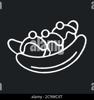 Banana split chalk white icon on black background. Ice cream based dessert with banana and cherries. National American cuisine. World desserts. Isolat Stock Vector