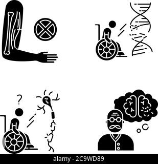 Disability black glyph icons set on white space. Muscular dystrophy. Chronic genetic disease. Paralyzed patient in wheelchair. Spinal cord damage. Sil Stock Vector