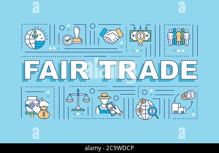Fair trade word concepts banner. Ethical manufacture. Sustainable production. Infographics with linear icons on blue background. Isolated typography. Stock Vector