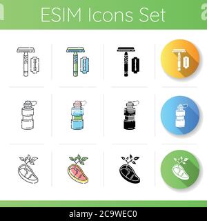 Eco safe products icons set. Linear, black and RGB color styles. Vegetarian meat, reusable water bottle and razor with replaceable blade. Sustainable Stock Vector