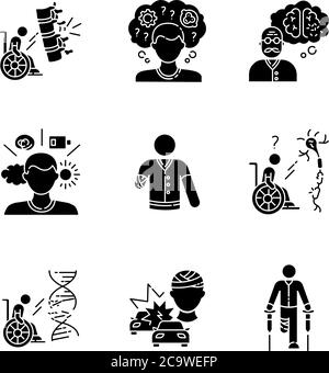 Patient with disability black glyph icons set on white space. Handicapped man. Paralyzed person in wheelchair. Memory loss from Alzheimer disease. Sil Stock Vector