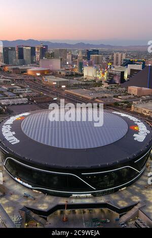 General overall view of Los Angeles Chargers and Las Vegas Raiders helmets  at the Allegiant Stadium construction site, Monday, May 11, 2020, in Las  Vegas. The stadium will be the home of