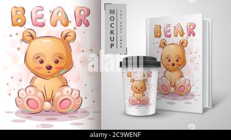 Teddy yellow bear poster and merchandising. Stock Vector