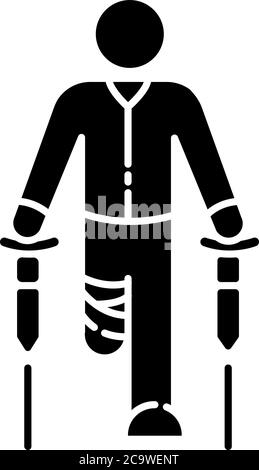 Leg amputee black glyph icon. Disabled man with crutches. Rehabilitation for handicapped person. Patient with bandaged leg. Silhouette symbol on white Stock Vector