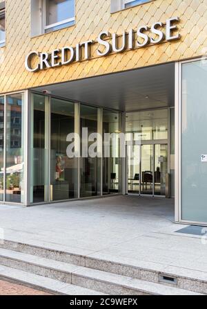 Lugano, Ticino, Switzerland - August 5, 2019: Entrance in the Credit Suisse bank branch in Lugano Paradiso, Switzerland Stock Photo
