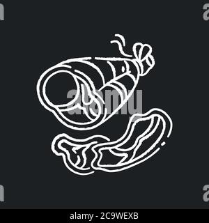 Parma ham chalk white icon on black background. Roasted pork on bone. Smoked turkey. Sliced steak for picnic. National meat dish. Italian prosciutto. Stock Vector