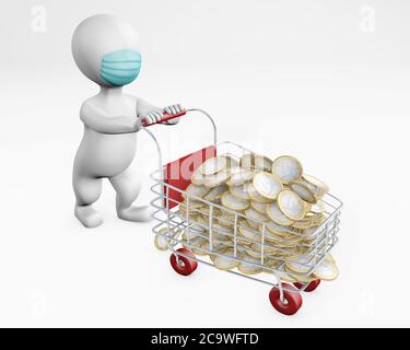 Man with mask expensive shopping during pandemic 3d rendering isolated on white Stock Photo