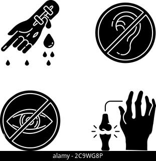 Health care problem black glyph icons set on white space. Bleeding from hemophilia. Arm injury. Sensory impairment. Rheumatoid arthritis. Silhouette s Stock Vector