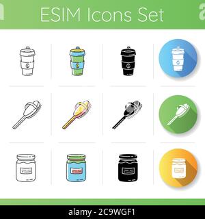 Responsible consumption icons set. Linear, black and RGB color styles. Reusable coffee cup, natural bath brush and glass jar. Zero waste policy, eco p Stock Vector