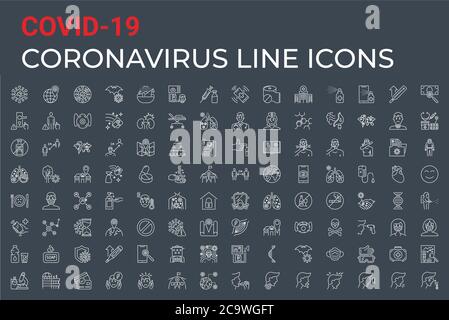 Coronavirus COVID-19 pandemic respiratory pneumonia disease related vector icons set line style. Stock Vector