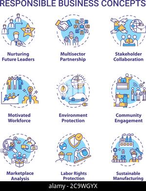 Responsible business concept icons set. Nurture future leader. Environment protection. Sustainable development idea thin line RGB color illustrations. Stock Vector