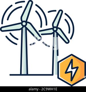 Wind power plant RGB color icon. Alternative energy industry. Using renewable natural resources, electricity generation. Wind turbines isolated vector Stock Vector