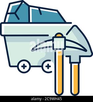 Coal industry RGB color icon. Natural resources exploitation, fossil fuel mining. Colliery equipment, trolley with coal and pickaxe isolated vector il Stock Vector